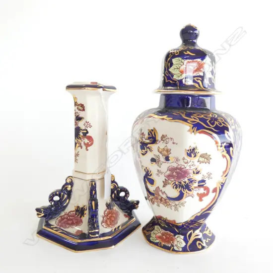 MASONS IRONSTONE BLUE MANDERLAY PATTERN LIDDED VASE & CANDLESTICK