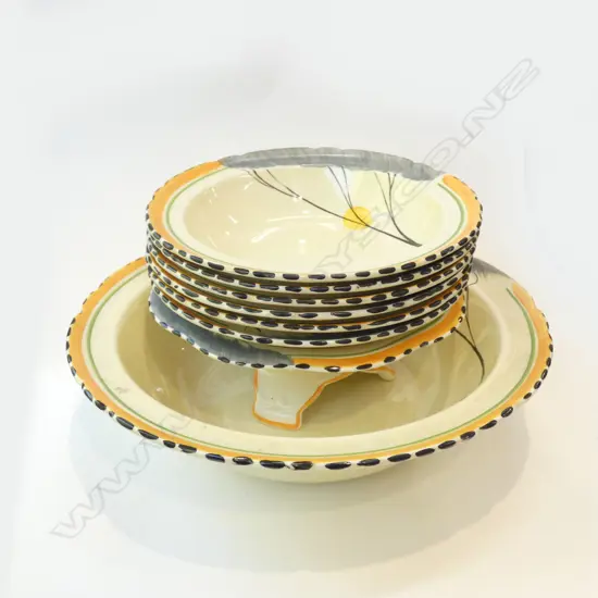 BURLEIGH WARE ART DECO PCS; 7 PC DESSERT SET; FOOTED BOWL & MILK JUG & SUGAR 