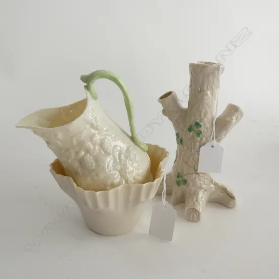 THREE PCS BLACK MARK BELLEEK; TREE STUMP CLOVER VASE  / SM JELLY MOLD (DIA 115MM) & BACCHUS FACE JUG(H115MM)  C1891-1926