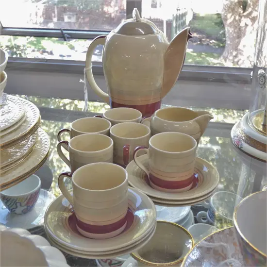 SUSIE COOPER WEDDING BAND DEMITASSE COFFEE SET; COFFEE POT / 6 DEMI C&S & MILK JUG