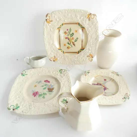 MASON IRONSTONE 3 SAMPLER PAT PLATES & CREAN VASE & 2 JUGS