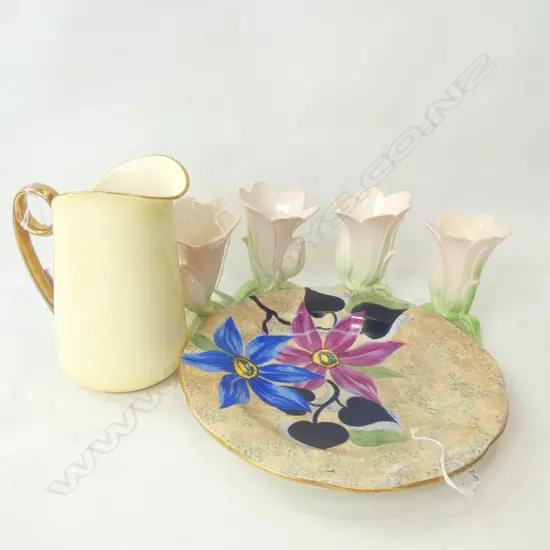 CARLTON WARE; ART DECO JUG (H 155MM) & 4 LILY SHAPED VASES (H 100MM) + HANDWORK PLATE