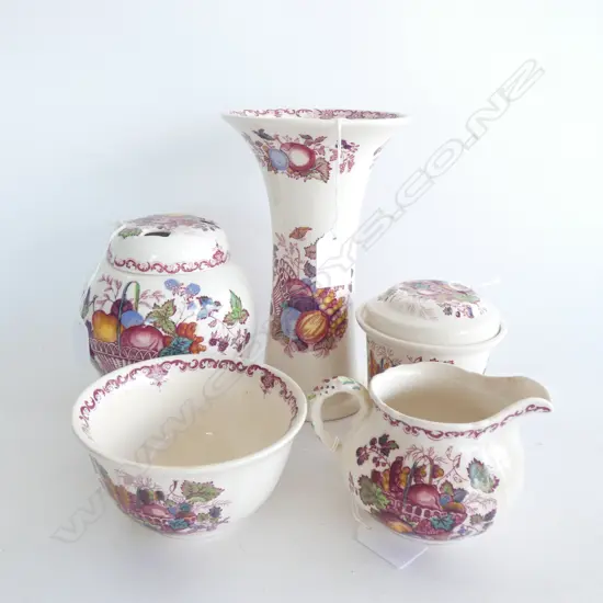 MASON IRONSTONE LIDDED POT POURI LIDDED JAR VASE & CREAM SUGAR FRUIT BASKET PAT