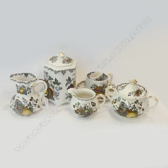 MASON IRONSTONE LIDDED JAR C/S 2 JUGS & TOOTH PICK HOLDER FRUIT BASKET PAT