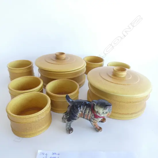 8 PCES PORTMEIRION 'MERIDIAN'; 2 LIDDED TUREENS 200mm dia + 6 RAMEKINS & A CAT