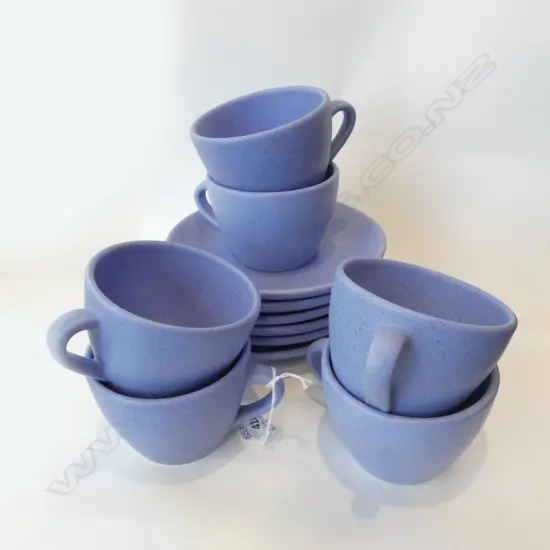 GREEK POTTERY 12 PCE SET - 6 SPECKLED BLUE CUPS & SAUCERS 