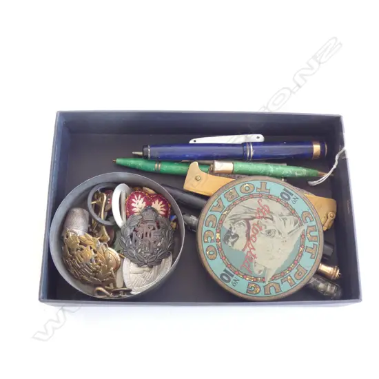 TOBACCO TIN NZ MILITARY BADGES POCKET KNIFE PENS ETC