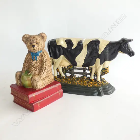 2 PAINTED CAST IRON DOOR STOPS; TEDDY & COW L.355mm 