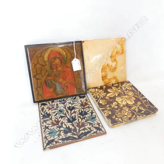 THREE OLD WALL TILES  & LACQUER MADONNA & CHILD TILE 165 X 165MM