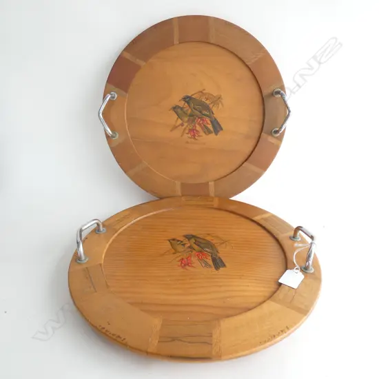 PR SOVEREIGN WARE WOODEN TRAYS w. BELLBIRDS 365mm dia