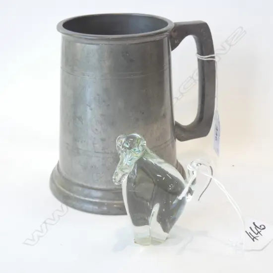 OLD PEWTER TANKARD WITH GLASS BOTTOM (H122MM)+ NGWENYA GLASS BABOON - IN ORIGINAL BOX H. 75MM