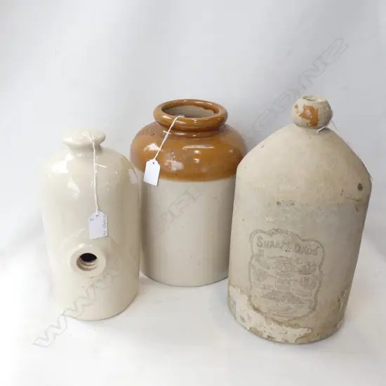 3 OLD POTTERY / STONEWARE CROCKS - LARGEST H. 430MM