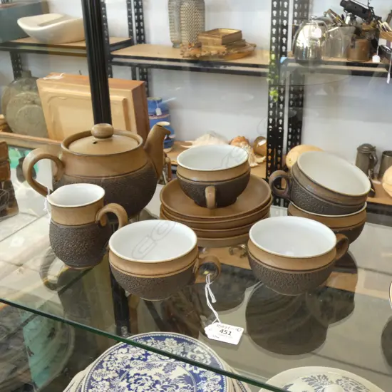 11 PCE DENBY TEASET, TEAPOT / JUG & 5 CUPS & 4 SAUCERS
