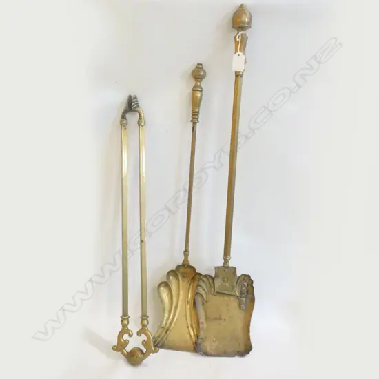 3 BRASS FIRE TOOLS; 2 SPADES & TONGS