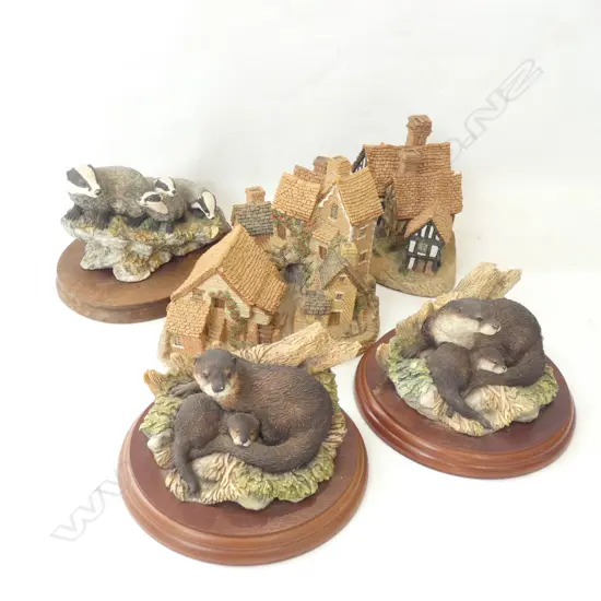 3 OTTER FIGURINES + 2 DAVID WINTER VILLAGES 