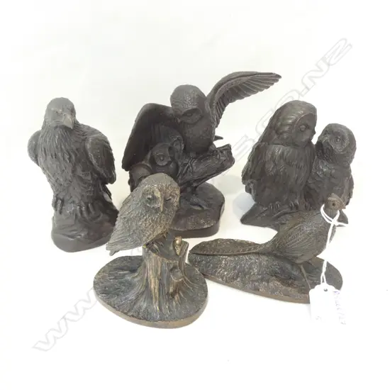 5 BRONZED RESIN BIRDS; 3 OWLS, EAGLE, PHEASANT