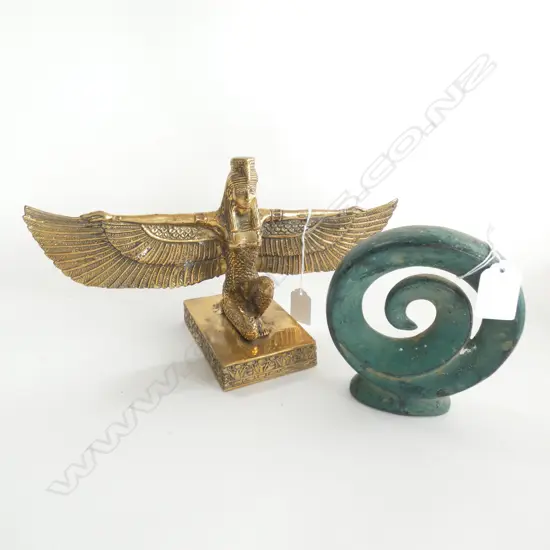BRASS WINGED EGYPTIAN FIGURE & BRONZE KORU 125mm dia
