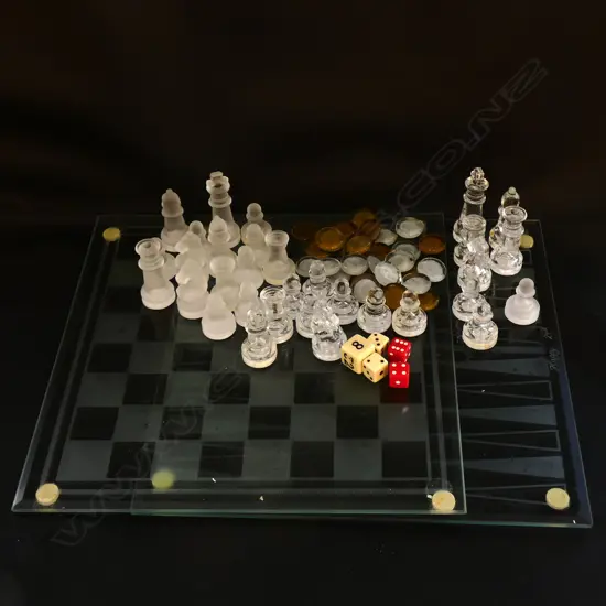 3 GLASS BOARDGAMES; CHESS, BACKGAMMON, DRAUGHTS