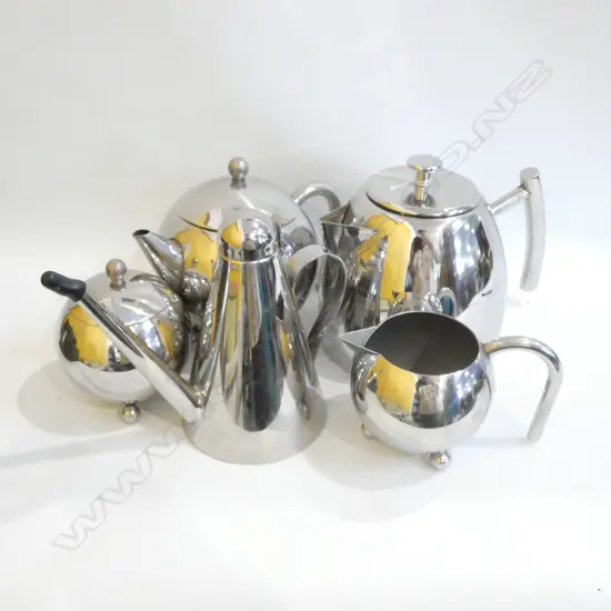 MODERNIST STAINLESS COFFEE & TEA SET INCL POTS SUGAR MILK ETC.