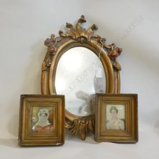 SM GILT PAINTED WALL MIRROR  (430 X 275MM) A/F & PR GILT FRAME OLD PORTRAITS (65 X 75MM)
