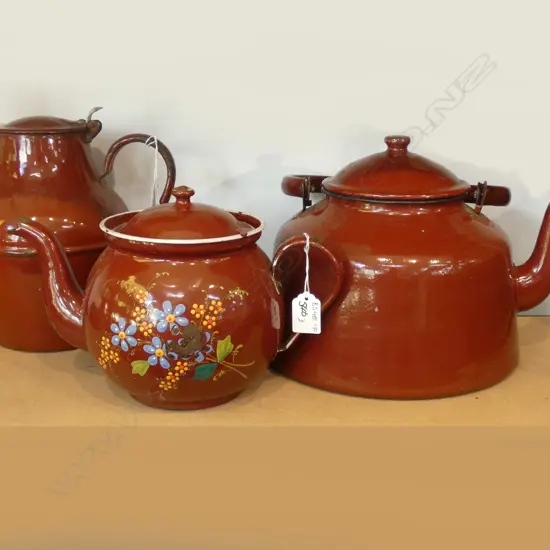 3 PIECES VINTAGE RED ENAMELWARE TPOT ETC