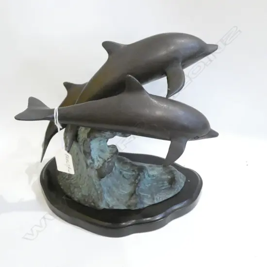 BRONZE POD OF DOPHINS ON WOODEN BASE H 250MM W 250MM