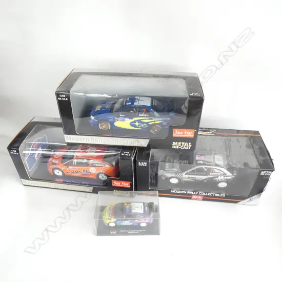 4 BOXED RALLY CAR MODELS; 3 SUN STAR L.360mm + BURAGO