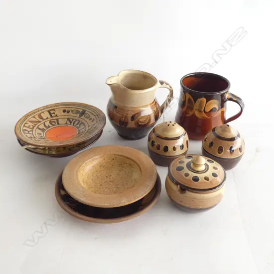 9 ENGLISH POTTERY PCES; 3 CONDIMENTS, JUG, MUG, 4 SMALL DISHES 110mm dia