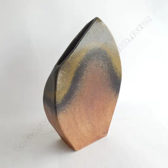 LARGE SLAB VASE w. ANGULAR SLOT OPENING, STAMPED H.330mm