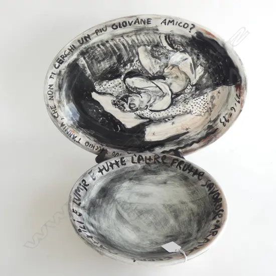 2 MALCOLM HARRISON (1941-2007) HAND PAINTED DISHES FROM THE 'EURO RETRO SERIES' 1993 L.430mm