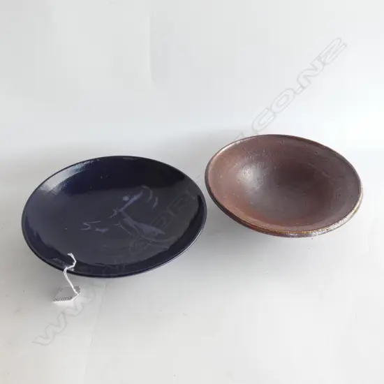 2 STUDIO POTTERY BOWLS; WOOD FIRED & BLUE w. BIRD DESIGN 240mm dia