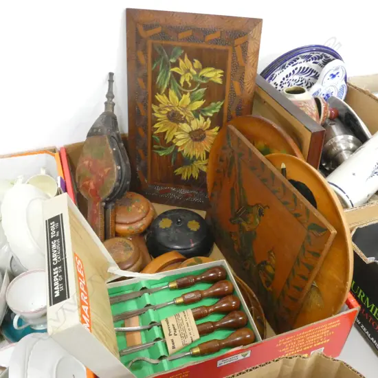 BOX LOT ASST. POKERWORK ITEMS; PLATES, BELLOWS ETC + SET OF MARPLE CHISELS