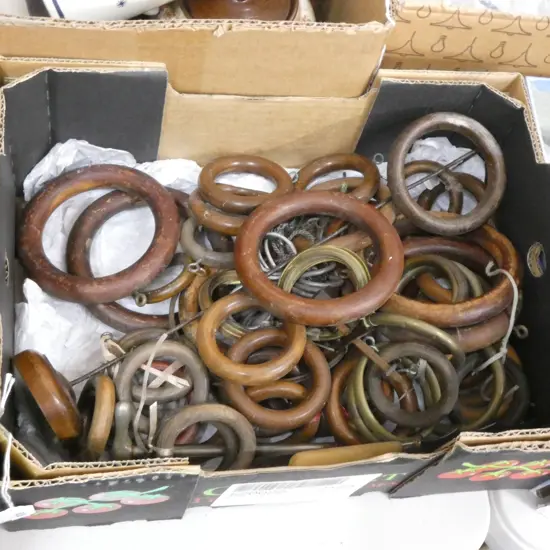 BOX WOODEN CURTAIN RINGS / KITCHENALIA ETC...