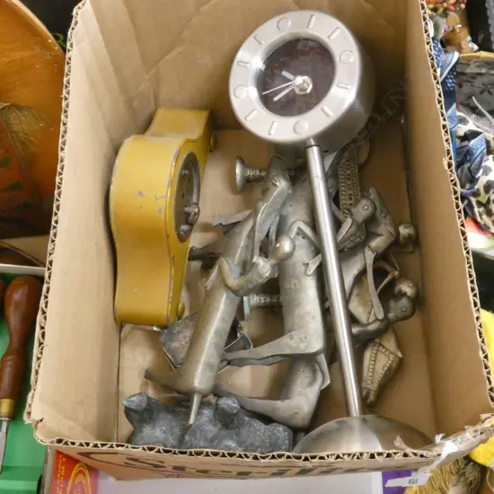 BOX ASST INCL. PEWTER HORSE & RIDERS / OLD CLOCKS ETC.