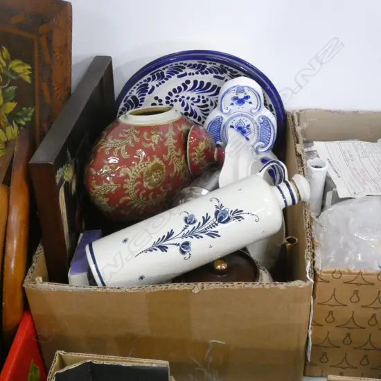 BOX LOT ASST. B/W CERAMICS, BROWN TEAPOT, STILL LIFE ETC