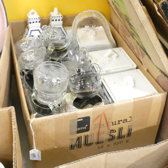 BOX LOT VINTAGE GERMAN KITCHEN CONTAINERS, DONALD DUCK BOOK, CRYSTAL ETC 