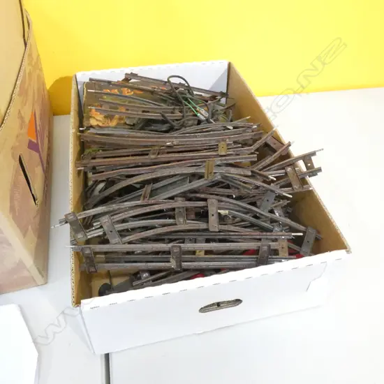 LG BOX LOT ASST OLD TOYS / CAR PARTS / TRAIN TRACKS ETC..