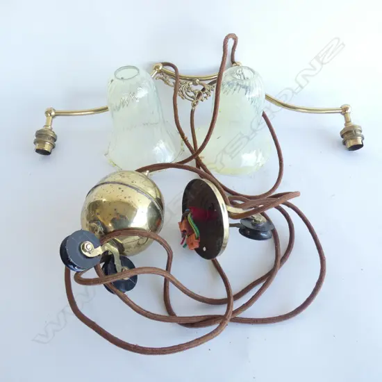 BRASS RISE & FALL PENDANTS WITH PR URANIUM GLASS SHADES  W 520MM