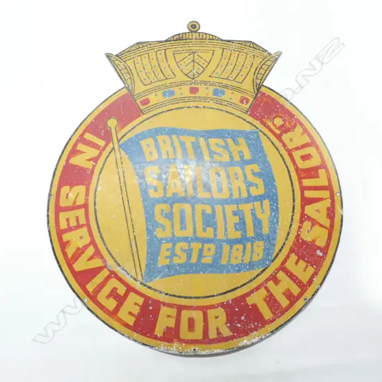 LG OLD TIN SIGN "BRITISH SAILORS SOCIETY EST 1818'   1050 X 910M HAS WEAR/PITTING TO PAINT