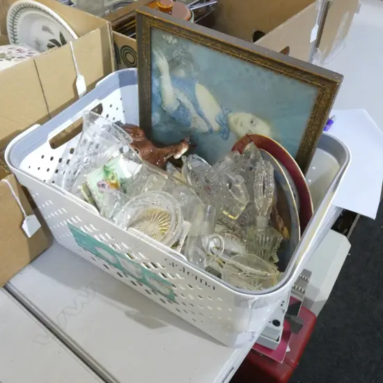 BOX LOT ASST. CHINA; LIMOGES, R/CROWN DERBY, CRYSTAL ETC