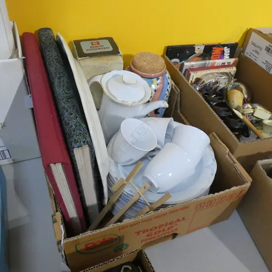 BOX LOT ASST. CHINA, KITHENWARE, 2 BOOKS POETRY ETC