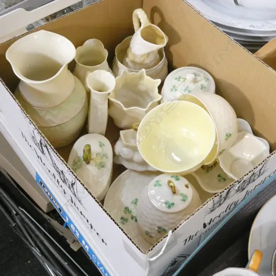 SM BOX LOT GREEN & BROWN STAMP BELLEEK; C&S's / JUGS / SUGAR BOWLS / ETC..