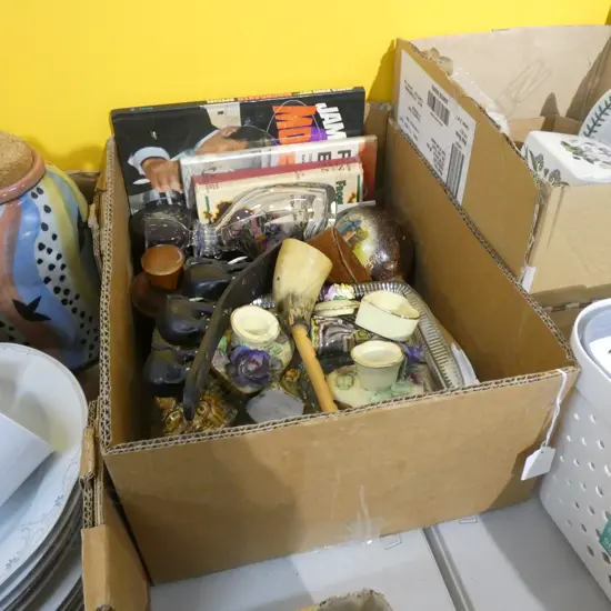 GOOD BOX LOT ASST COLLECTABLES; BOOKS/ NURSERY FIGURES / RELIGIOUS FIGURE ETC.