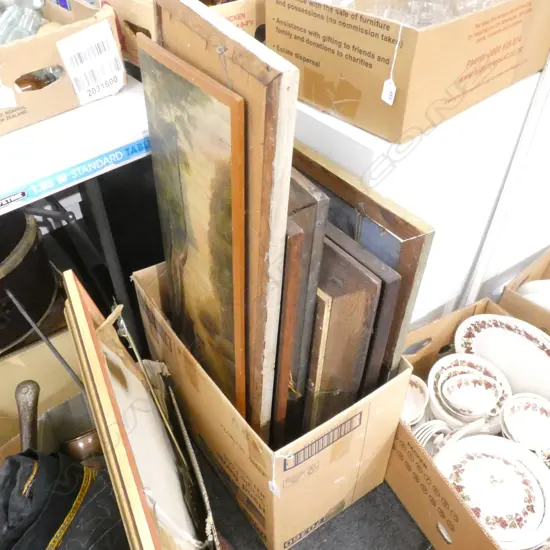 BOX LOT ASST. COLONIAL OIL ARTWORKS IN ORIG. OAK FRAMES ETC