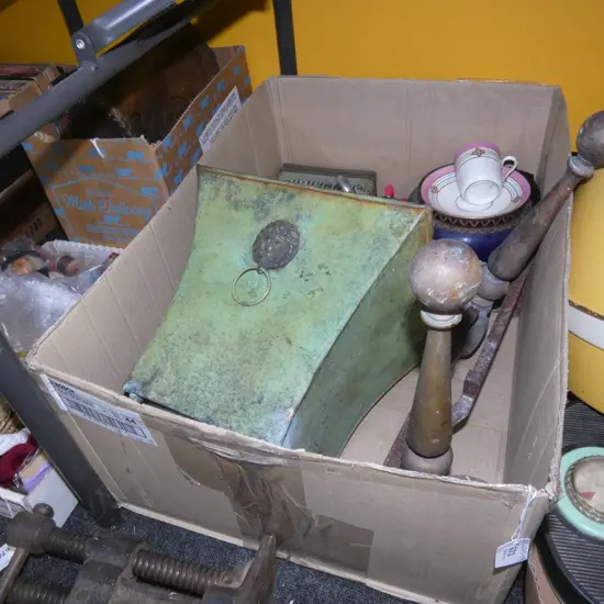 LG BOX LOT ASST; FIRE DOGS / GARDEN POT / CLOISONNE ETC..