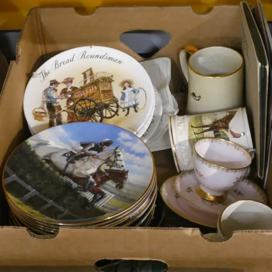 BOX LOT COLLECTORS PLATES, HORSE MUGS ETC