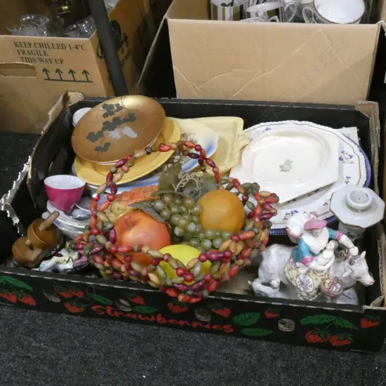 BOX LOT ASST CHINA ETC; PLATES / FIGURINES / ARTIFICIAL FRUIT ETC.