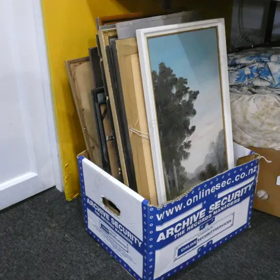 BOX LOT ASST. COLONIAL OIL ARTWORKS; PAUL WREN, F MAXWELL ETC