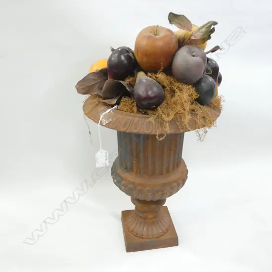CAST IRON GARDEN URN WITH ARIFICIAL FRUIT H. 340MM