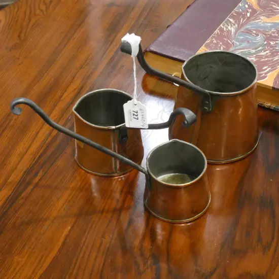 3 OLD COPPER KITCHEN MEASURES w. 'CIDER' TAGS